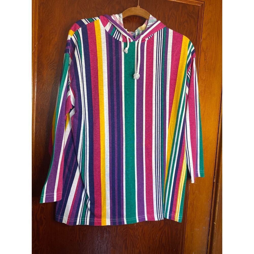 VINTAGE Retro Cotton Stripe Beach Hoodie Large